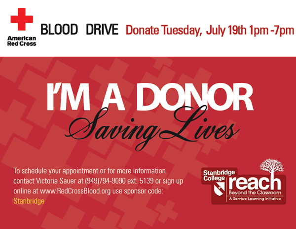 Help Save Lives at the Stanbridge College Blood Drive: July 19th   