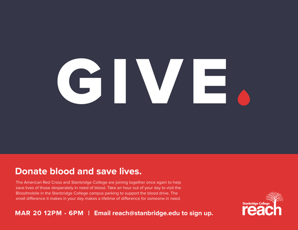 Donors Needed for March 20th Red Cross Blood Drive at Stanbridge College  