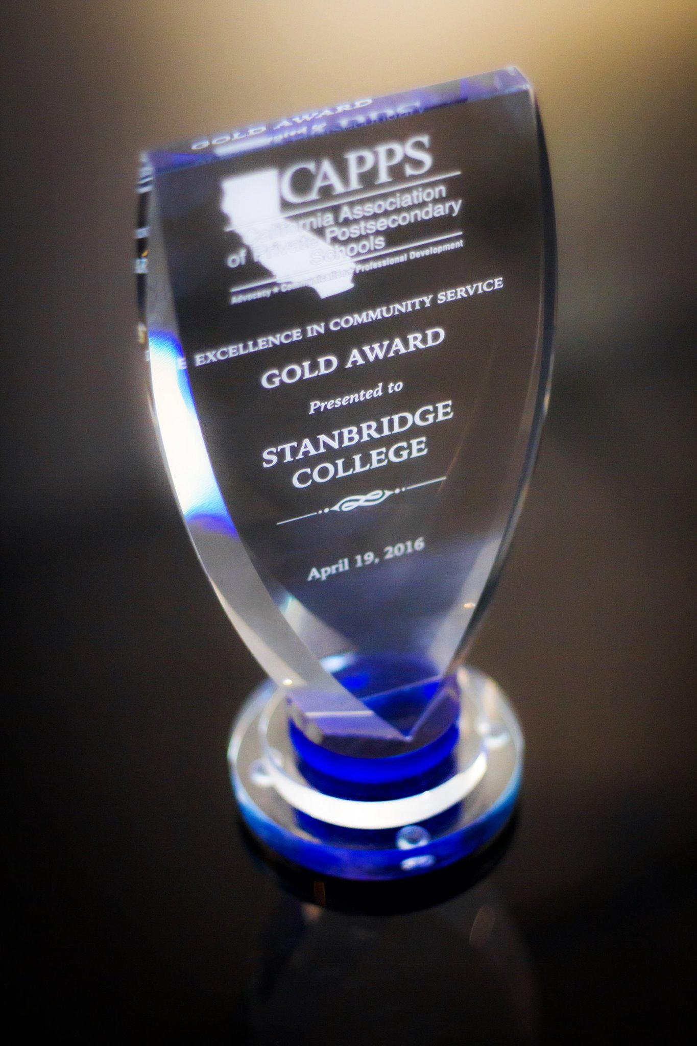 Stanbridge College Presented The 2016 CAPPS Gold Award For Excellence In Community Service  